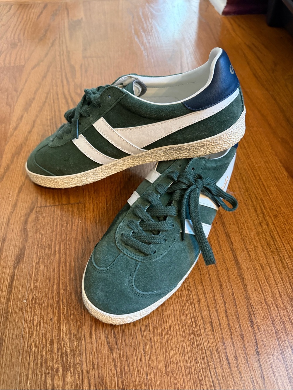 Gola Green Suede Sneakers with White Stripes and Navy Heel